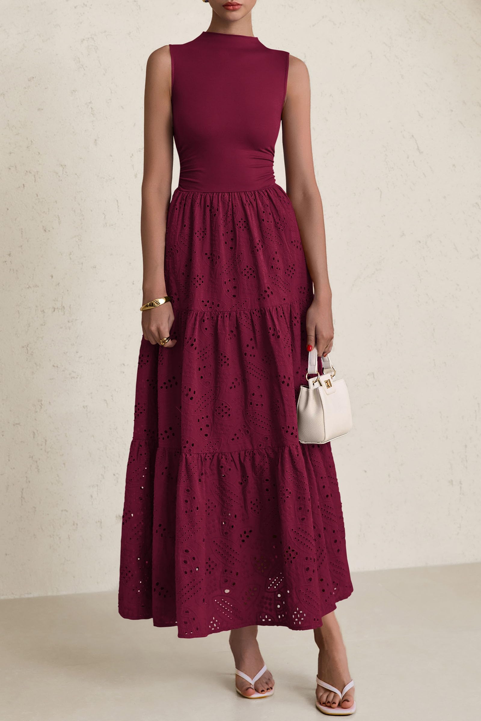 PRETTYGARDEN Dresses for Women Casual Eyelet Sleeveless Wedding Guest Maxi Dress Tank Top Sundress with Pockets