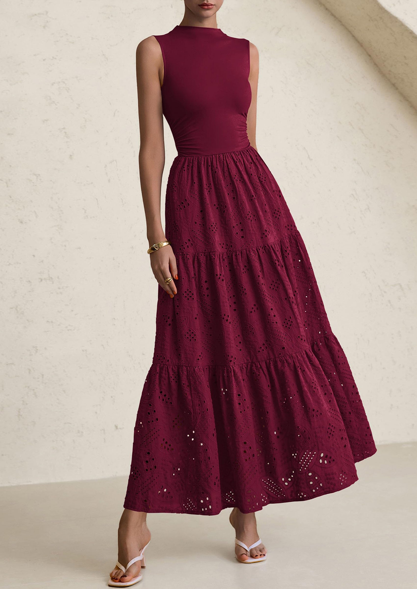 PRETTYGARDEN Dresses for Women Casual Eyelet Sleeveless Wedding Guest Maxi Dress Tank Top Sundress with Pockets