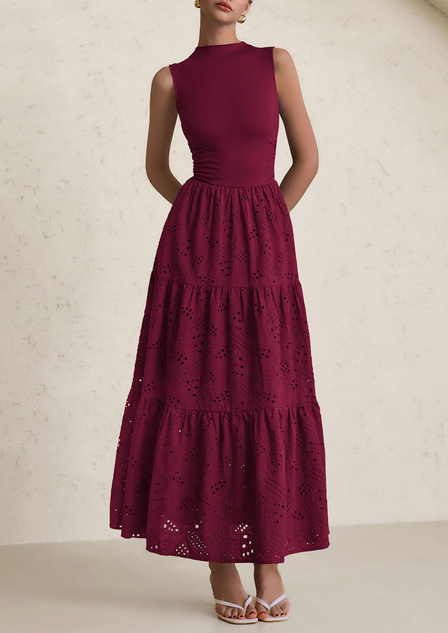 PRETTYGARDEN Dresses for Women Casual Eyelet Sleeveless Wedding Guest Maxi Dress Tank Top Sundress with Pockets