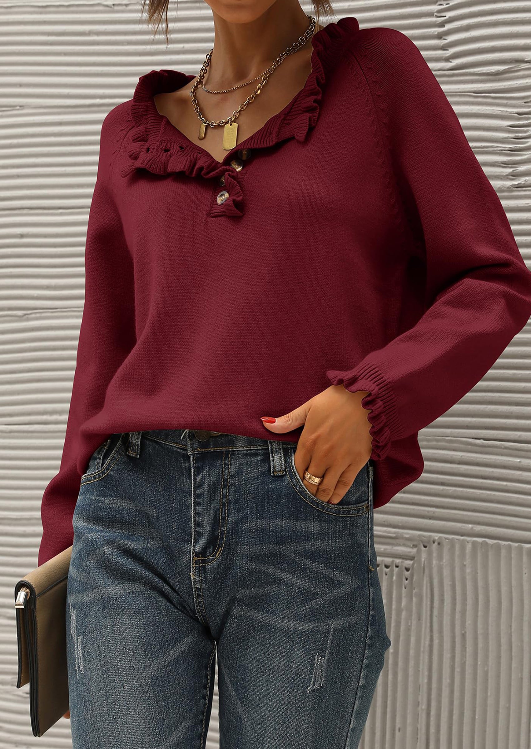 BTFBM Womens Sweaters Fall Winter Clothes 2025 Long Sleeve Button Down Ruffle Crew Neck Casual Knitted Pullover Tops PRETTYGARDEN