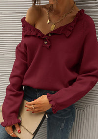 BTFBM Womens Sweaters Fall Winter Clothes 2025 Long Sleeve Button Down Ruffle Crew Neck Casual Knitted Pullover Tops PRETTYGARDEN