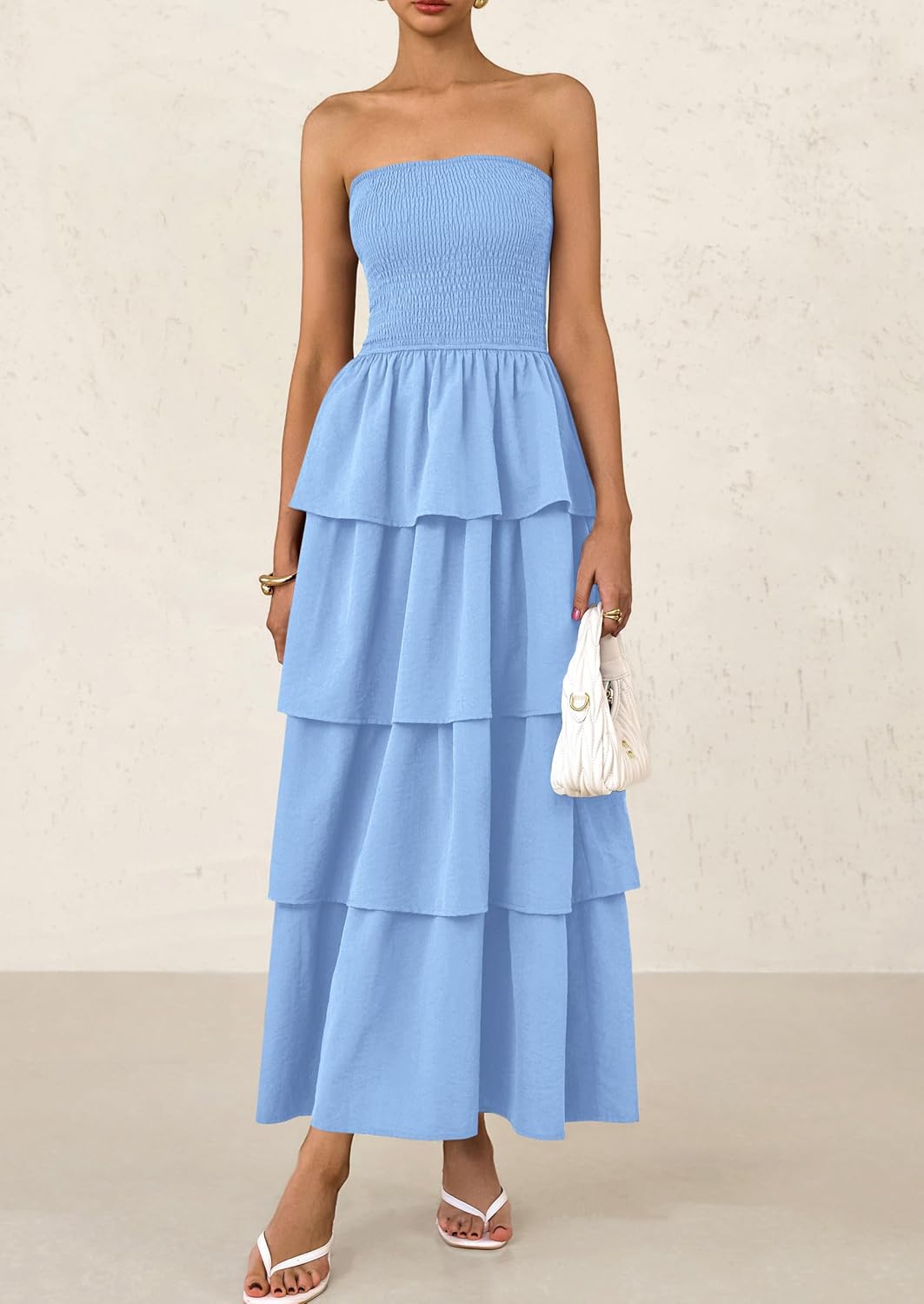 PRETTYGARDEN Maxi Dresses for Women Off Shoulder Smocked Tiered Ruffle Long Flowy Wedding Guest Dress