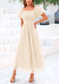 Women's Smocked Midi Tulle Dress 2025 Summer Puffy Short Sleeve Square Neck Ruffle Wedding Guest Party Dresses