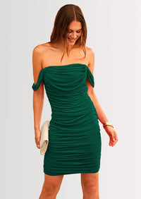 PRETTYGARDEN Summer Off Shoulder Dresses for Women Ruched Mesh Graduation Cocktail Party Bodycon Mini Short Dress