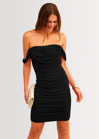 PRETTYGARDEN Summer Off Shoulder Dresses for Women Ruched Mesh Graduation Cocktail Party Bodycon Mini Short Dress