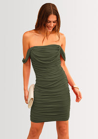 PRETTYGARDEN Summer Off Shoulder Dresses for Women Ruched Mesh Graduation Cocktail Party Bodycon Mini Short Dress
