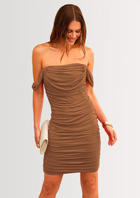 PRETTYGARDEN Summer Off Shoulder Dresses for Women Ruched Mesh Graduation Cocktail Party Bodycon Mini Short Dress