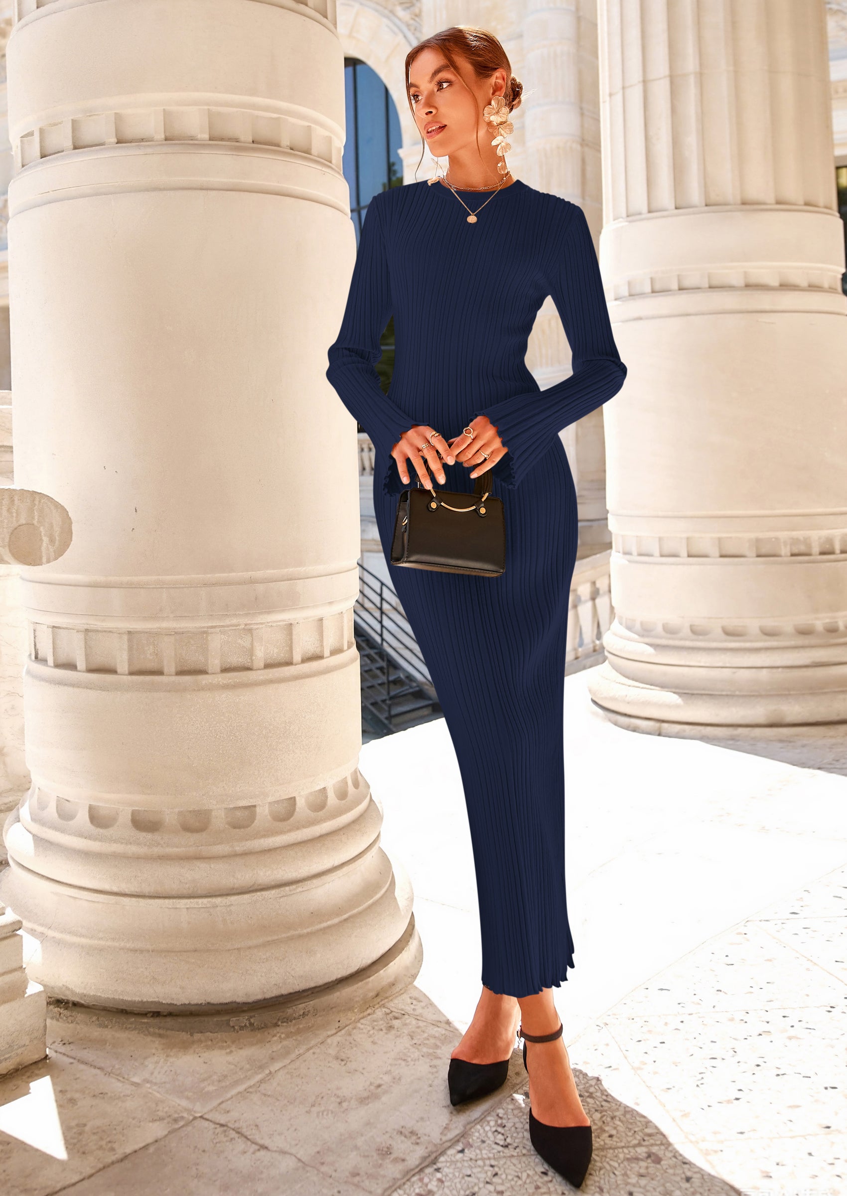 PRETTYGARDEN Sweater Dresses for Women Fall Bell Long Sleeve Crew Neck Bodycon Maxi Dress Winter Ribbed Knit Outfits