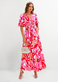 PRETTYGARDEN Women's Maxi Dress Resort Wear Boho Floral V Neck Puff Short Sleeve Ruffle Flowy Beach Long Dresses