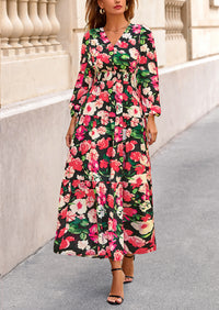 PRETTYGARDEN Long Sleeve Maxi Fall Dresses for Women Vneck Smocked Boho Floral Tiered Swing Flowy Wedding Guest Dress