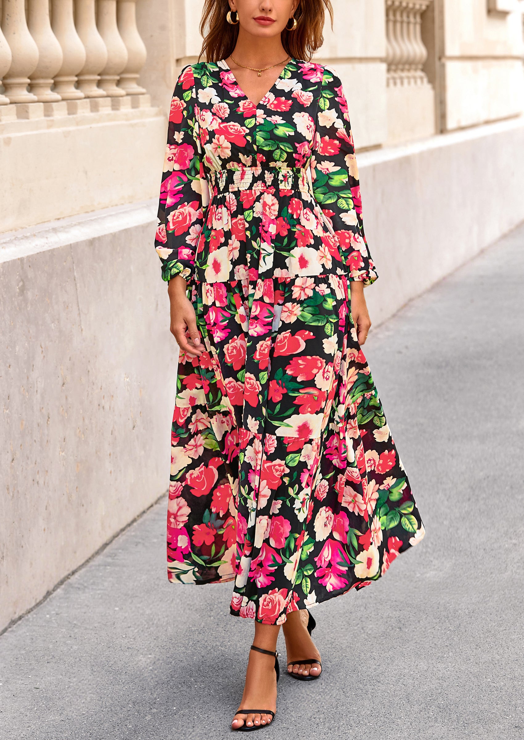 PRETTYGARDEN Long Sleeve Maxi Fall Dresses for Women Vneck Smocked Boho Floral Tiered Swing Flowy Wedding Guest Dress