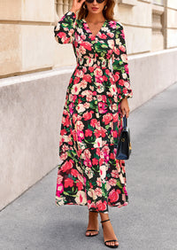 PRETTYGARDEN Long Sleeve Maxi Fall Dresses for Women Vneck Smocked Boho Floral Tiered Swing Flowy Wedding Guest Dress