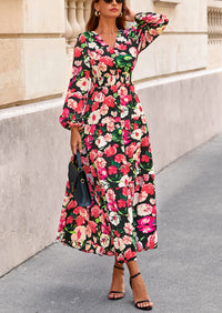 PRETTYGARDEN Long Sleeve Maxi Fall Dresses for Women Vneck Smocked Boho Floral Tiered Swing Flowy Wedding Guest Dress