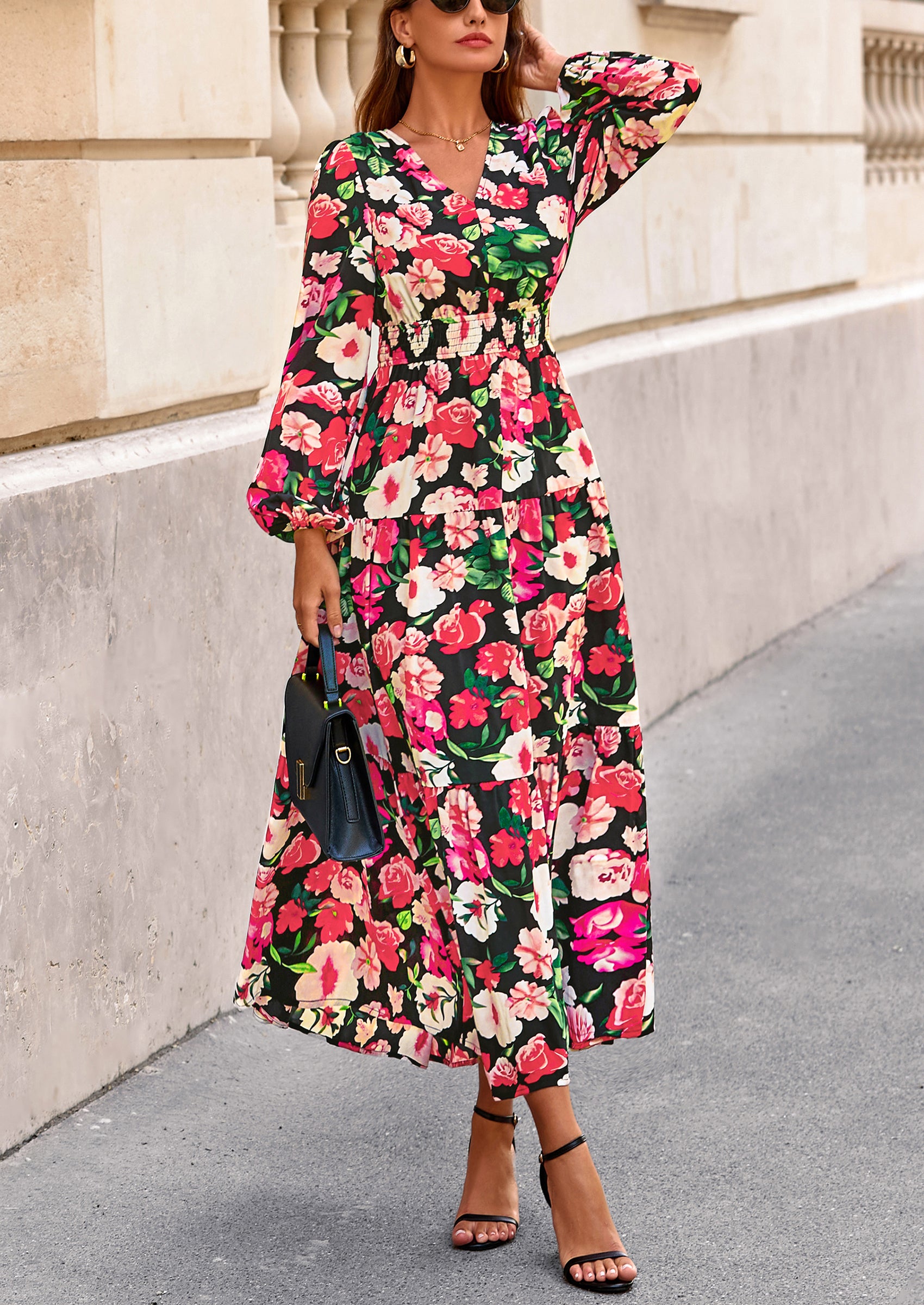 PRETTYGARDEN Long Sleeve Maxi Fall Dresses for Women Vneck Smocked Boho Floral Tiered Swing Flowy Wedding Guest Dress