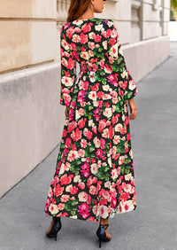 PRETTYGARDEN Long Sleeve Maxi Fall Dresses for Women Vneck Smocked Boho Floral Tiered Swing Flowy Wedding Guest Dress