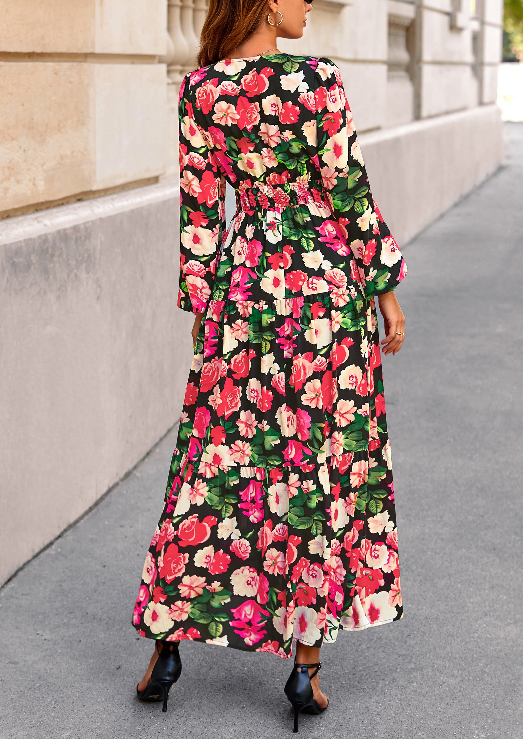 PRETTYGARDEN Long Sleeve Maxi Fall Dresses for Women Vneck Smocked Boho Floral Tiered Swing Flowy Wedding Guest Dress