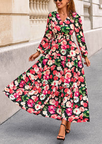 PRETTYGARDEN Long Sleeve Maxi Fall Dresses for Women Vneck Smocked Boho Floral Tiered Swing Flowy Wedding Guest Dress