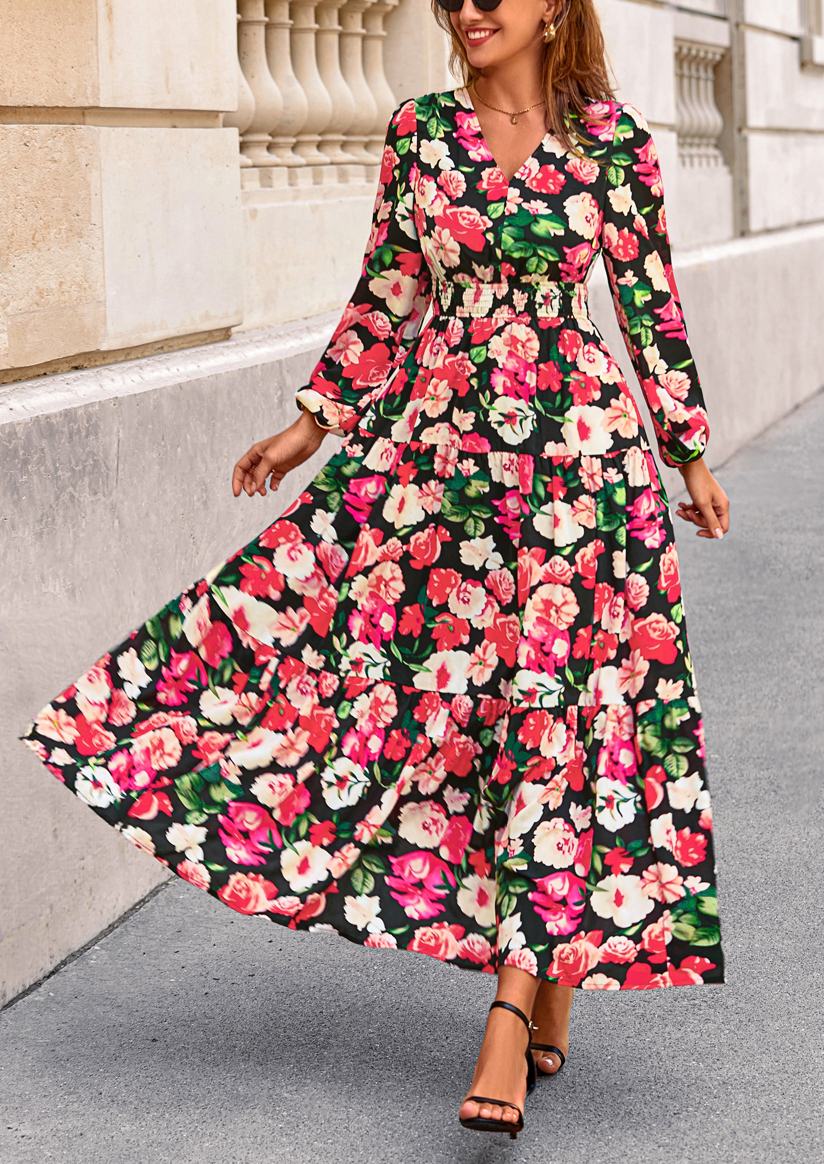 PRETTYGARDEN Long Sleeve Maxi Fall Dresses for Women Vneck Smocked Boho Floral Tiered Swing Flowy Wedding Guest Dress