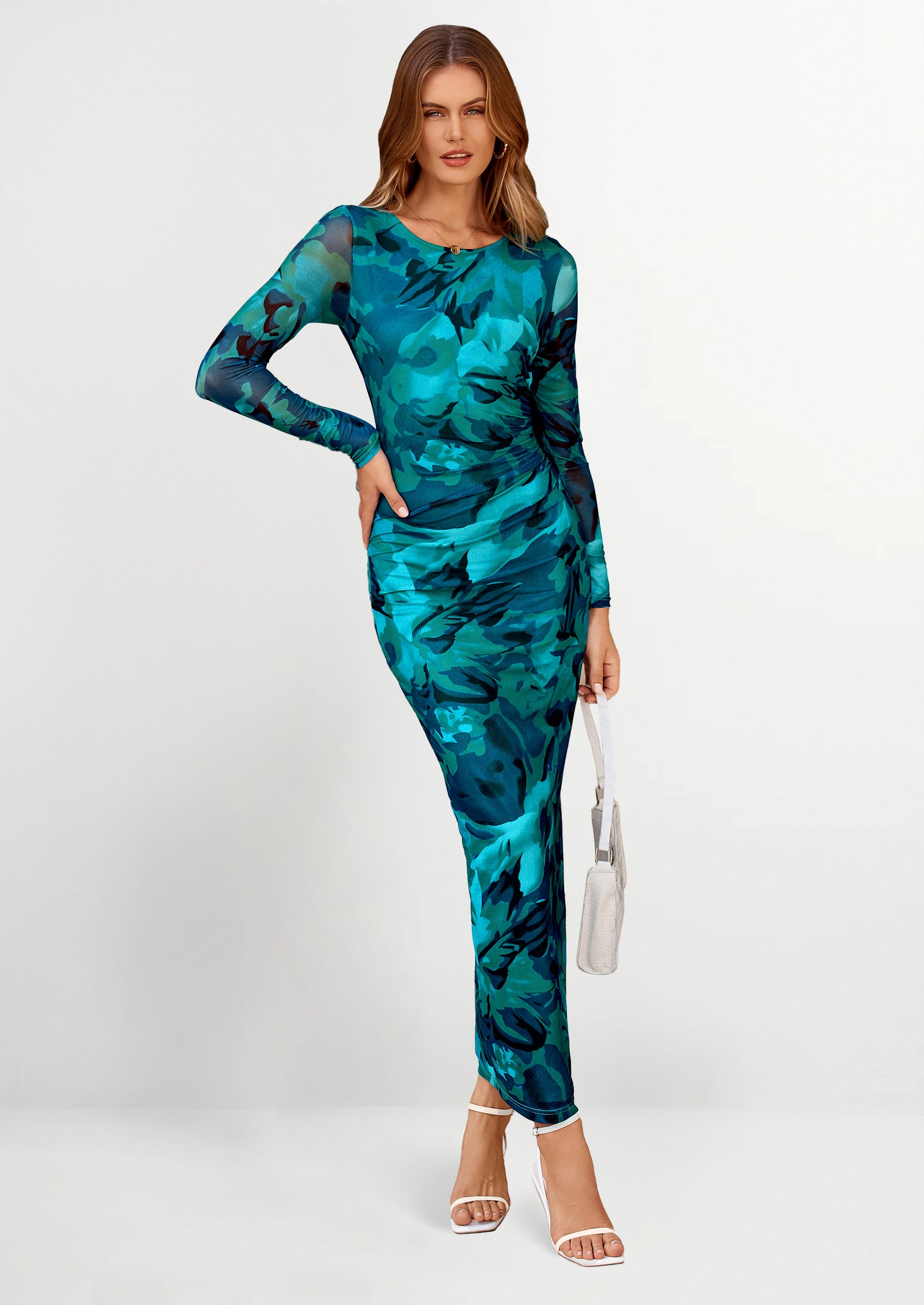 PRETTYGARDEN Women's Bodycon Maxi Dress Fall Spring Fashion Long Sleeve Floral Print Tight Fitted Party Club Ruched Dresses