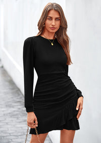 PRETTYGARDEN Women's Spring Fall Ruched Bodycon Mini Dress Long Puff Sleeve Ruffle Fitted Cocktail Party Dresses