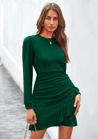 PRETTYGARDEN Women's Spring Fall Ruched Bodycon Mini Dress Long Puff Sleeve Ruffle Fitted Cocktail Party Dresses