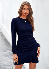 PRETTYGARDEN Women's Spring Fall Ruched Bodycon Mini Dress Long Puff Sleeve Ruffle Fitted Cocktail Party Dresses