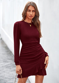 PRETTYGARDEN Women's Spring Fall Ruched Bodycon Mini Dress Long Puff Sleeve Ruffle Fitted Cocktail Party Dresses