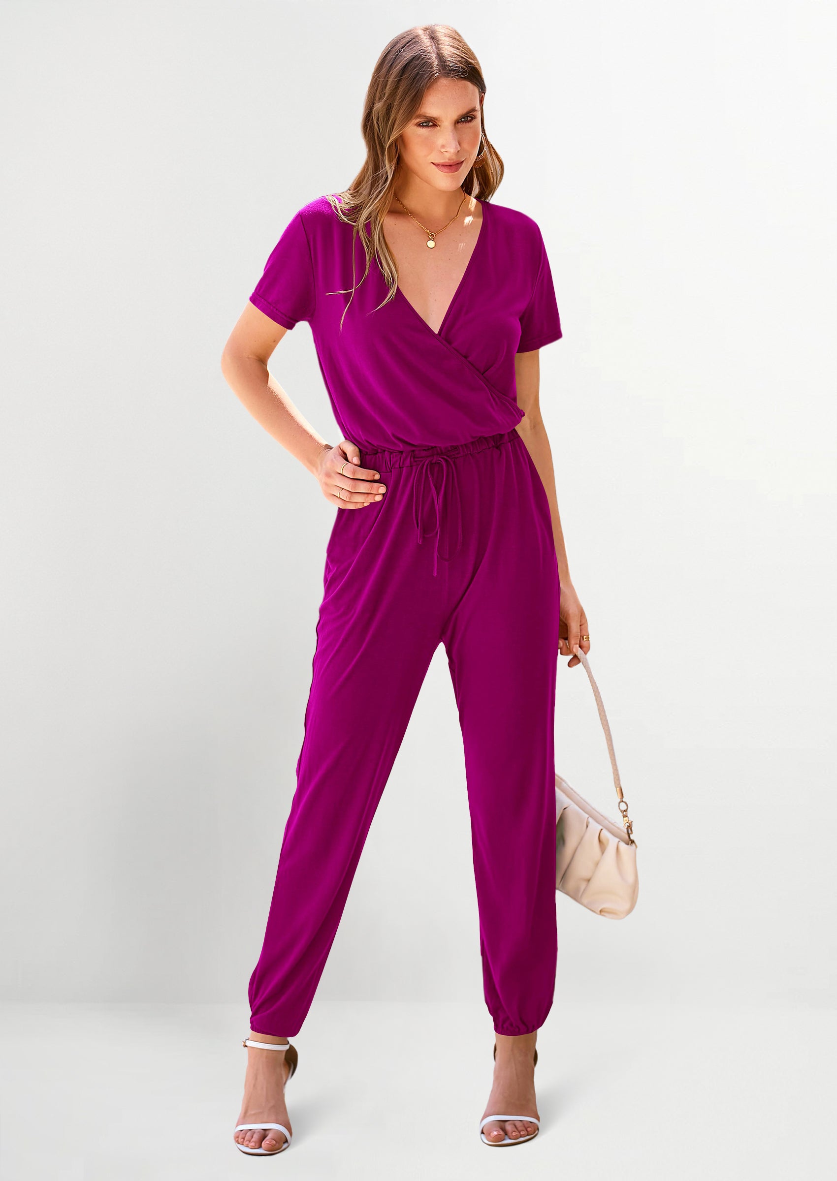 PRETTYGARDEN Jumpsuits for Women Dressy Summer Casual Short Sleeve Romper Spring Airport Beach Vacation Travel Outfits