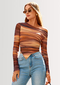 PRETTYGARDEN Womens Fall Trendy Off Shoulder Tops Tie Dye Mesh Long Sleeve Shirts Asymmetrical Ruched Floral Blouse