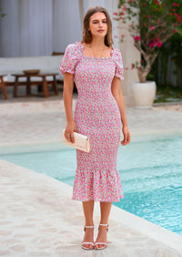 PRETTYGARDEN Bodycon Midi Dresses Summer Floral Puff Sleeve Mermaid Cocktail Baby Shower Photoshoot Maternity Dress