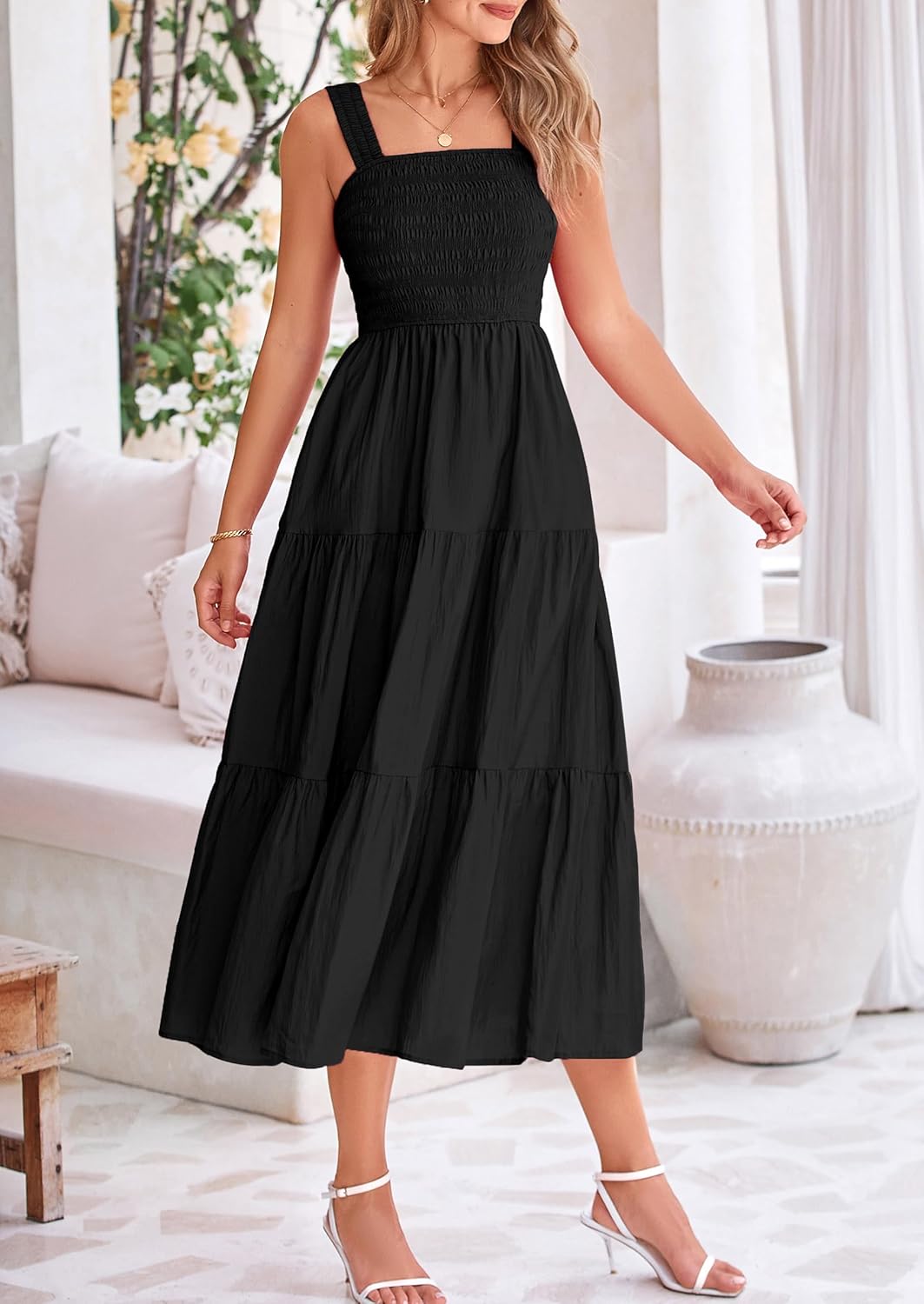 Womens Smocked Summer  Ruffle A Line Long Flowy Dresses Cute Sleeveless Beach Sundress Midi Dress