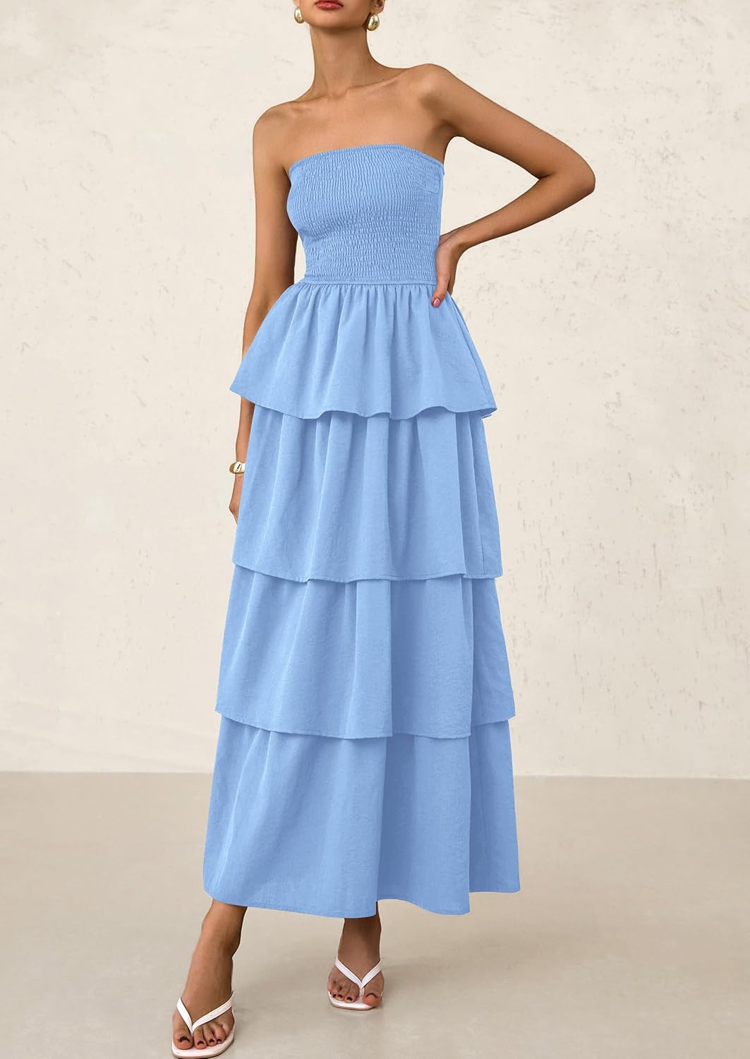 PRETTYGARDEN Maxi Dresses for Women Off Shoulder Smocked Tiered Ruffle Long Flowy Wedding Guest Dress