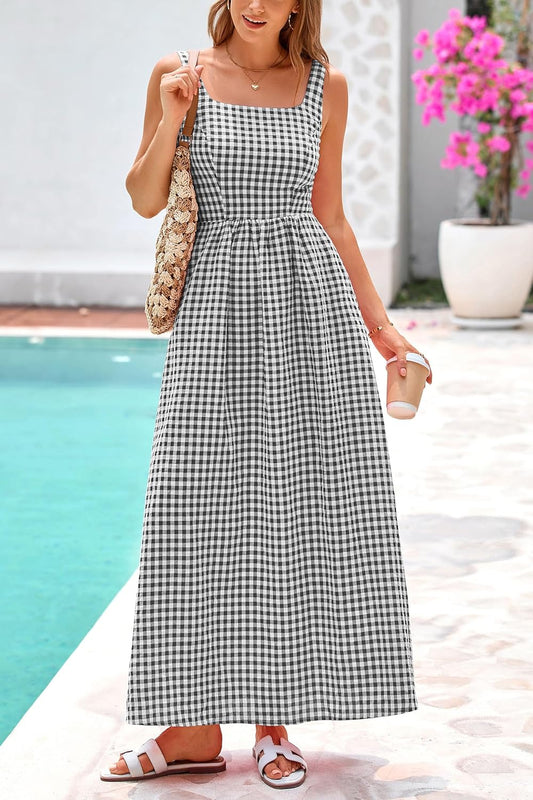 Women's Summer Spaghetti Strap Maxi Dresses Plaid Square Neck A Line Smocked Casual Vacation Long Sundress