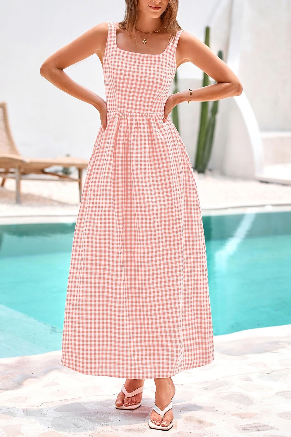 Women's Summer Spaghetti Strap Maxi Dresses Plaid Square Neck A Line Smocked Casual Vacation Long Sundress