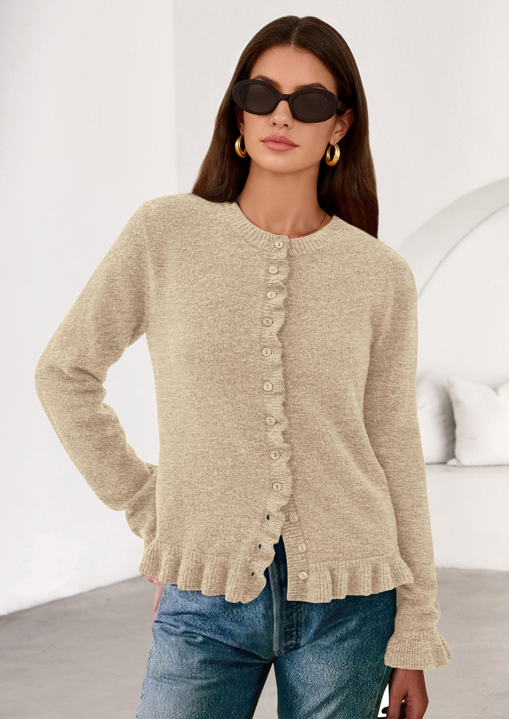 PRETTYGARDEN Womens Fall Button Down Cardigans Chunky Knit Ruffle Open
