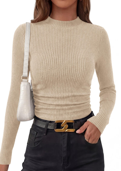 PRETTYGARDEN Womens Tops Fall Long Sleeve Going Out Shirts Ribbed Knit Mock Neck T-Shirt Fitted Ruched Y2K Crop Top