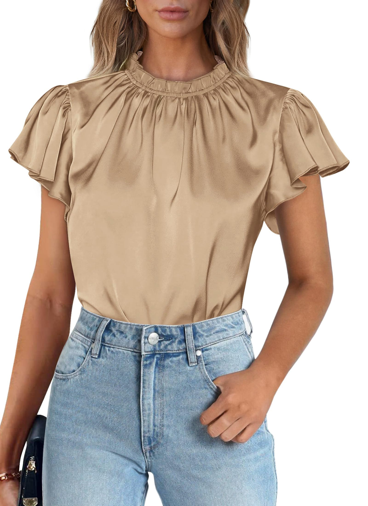 Summer Satin Blouse Shirt Dressy Casual Ruffle Short Sleeve Crewneck Work Party Tops