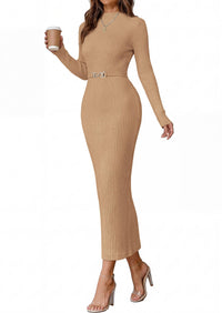 PRETTYGARDEN Women's Long Sleeve Bodycon Maxi Sweater Dress | Stretchy Rib Knit,Metal Buckle Waist,Back Slit,Work Cocktail Holiday Party Outfits,Fall Winter Winter Wedding Guest Dresses