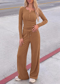 PRETTYGARDEN Two Piece Lounge Sets for Women Fall Fashion,Long Sleeve Henley,High Waisted Wide Leg Pants,Matching Holiday Vacation,Airport Travel Outfits
