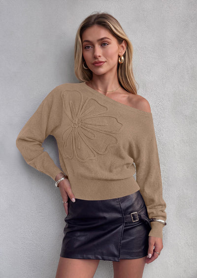 PRETTYGARDEN Women's Fall Off The Shoulder Sweater Tops   | 3D Flower Off Shoulder Sweater, Cinched Waist, Long Sleeve Cropped Sweaters, Knit Pullover Tops, Trendy Date Night Outfit