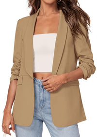 PRETTYGARDEN Women's Spring Blazers Business Casual Outfits Open Front Ruched 3/4 Sleeve Lightweight Work Suits Jackets PRETTYGARDEN