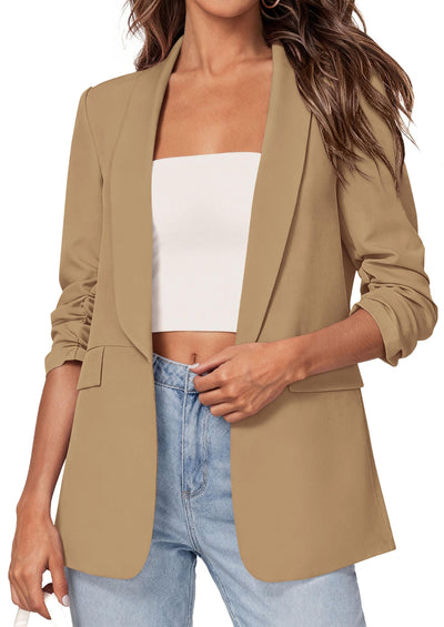 PRETTYGARDEN Women's Spring Blazers Business Casual Outfits Open Front Ruched 3/4 Sleeve Lightweight Work Suits Jackets PRETTYGARDEN