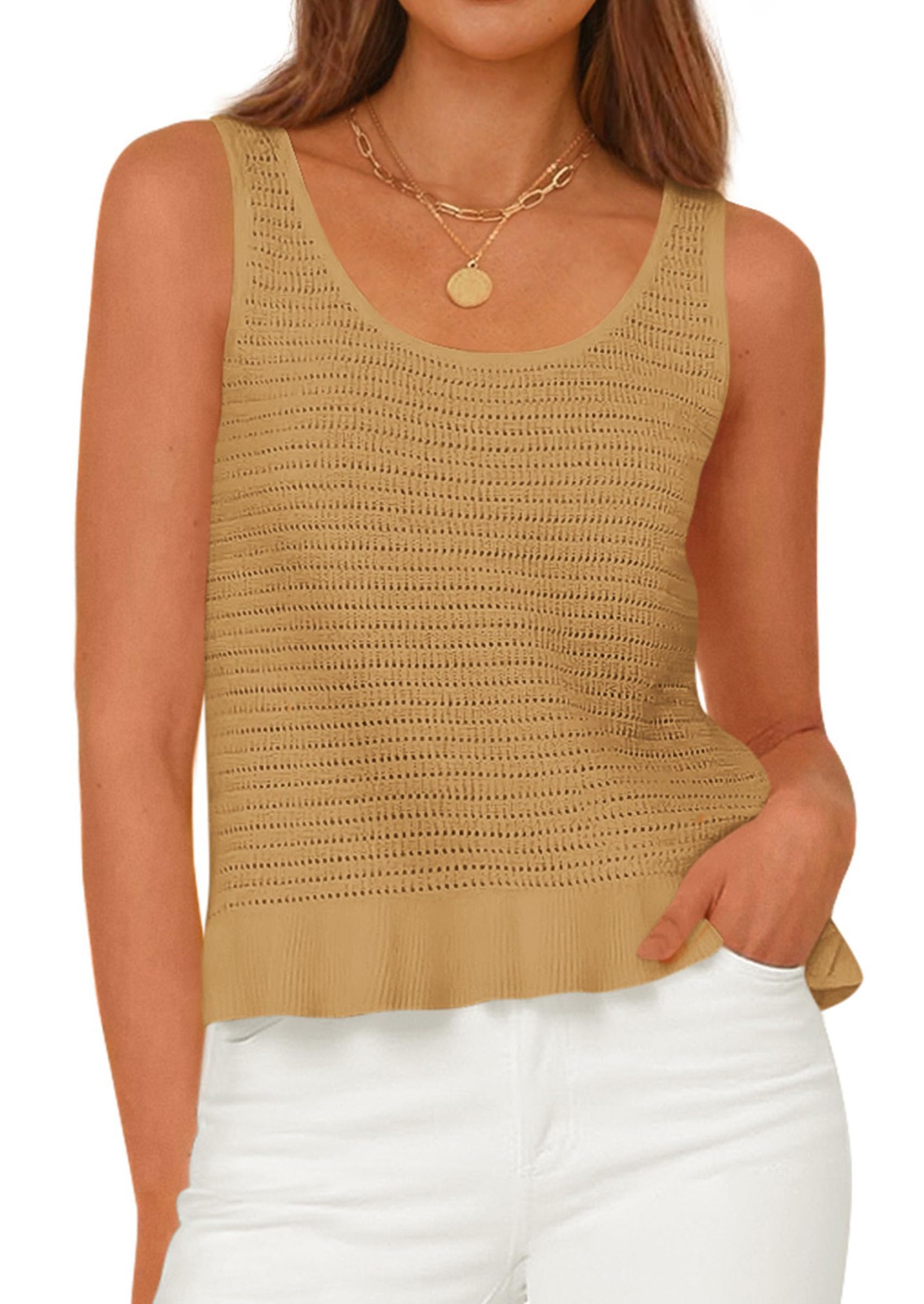 PRETTYGARDEN Womens Spring Crochet Tops Summer Sleeveless Scoop Neck Boho Sweater Tank Top Cute Beach Vacation Clothes PRETTYGARDEN