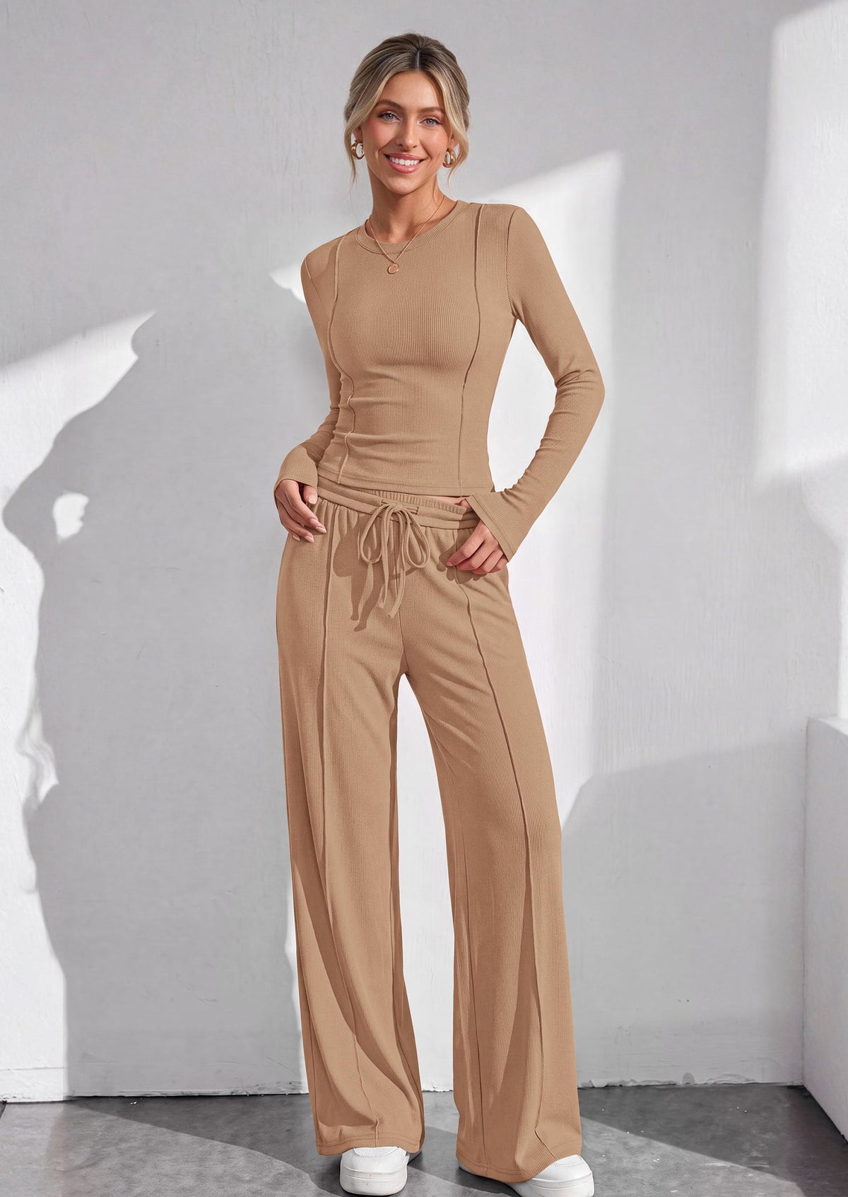 PRETTYGARDEN Womens 2 Piece Sets Long Sleeve Outfits  Soft Ribbed Knit, Loose Wide Leg Fit, Crop Top Drawstring High Waist Pants Set, Casual Lounge Travel, Matching Fall Clothes