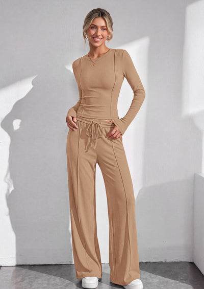 PRETTYGARDEN Womens 2 Piece Sets Long Sleeve Outfits  Soft Ribbed Knit, Loose Wide Leg Fit, Crop Top Drawstring High Waist Pants Set, Casual Lounge Travel, Matching Fall Clothes