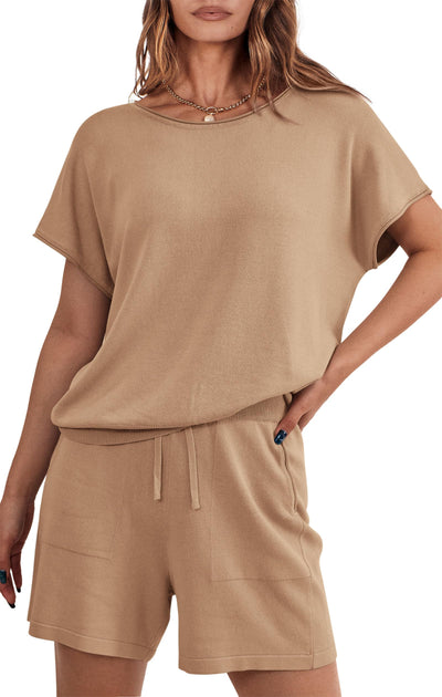 PRETTYGARDEN Two Piece Set for Women Summer Lounge Sets Shorts And Short Sleeve Tops Knitted Matching Travel Spring Outfits PRETTYGARDEN