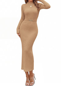 PRETTYGARDEN Women's Long Sleeve Bodycon Maxi Sweater Dress | Stretchy Rib Knit,Metal Buckle Waist,Back Slit,Work Cocktail Holiday Party Outfits,Fall Winter Winter Wedding Guest Dresses