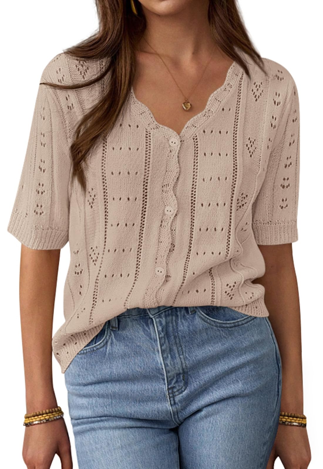 PRETTYGARDEN Womens Short Sleeve Crochet Knit Sweater Spring Fashion Button Down Lightweight Cardigans Summer Tops PRETTYGARDEN