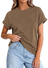 PRETTYGARDEN Womens Summer Tops Spring Casual Rolled Short Sleeve Basic Tees Crew Neck Work Shirts Fashion Clothing PRETTYGARDEN