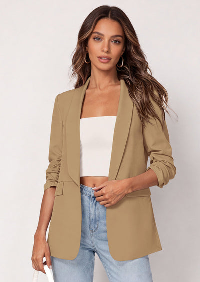 PRETTYGARDEN Women's Spring Blazers Business Casual Outfits Open Front Ruched 3/4 Sleeve Lightweight Work Suits Jackets PRETTYGARDEN